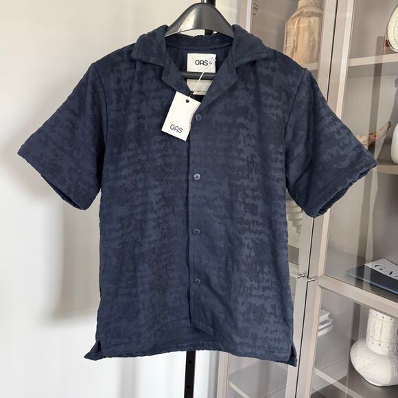 OAS Cuba Heavyweight Terrycloth Night Lagoon Short Sleeve Shirt L NEW Button Up - Picture 2 of 7